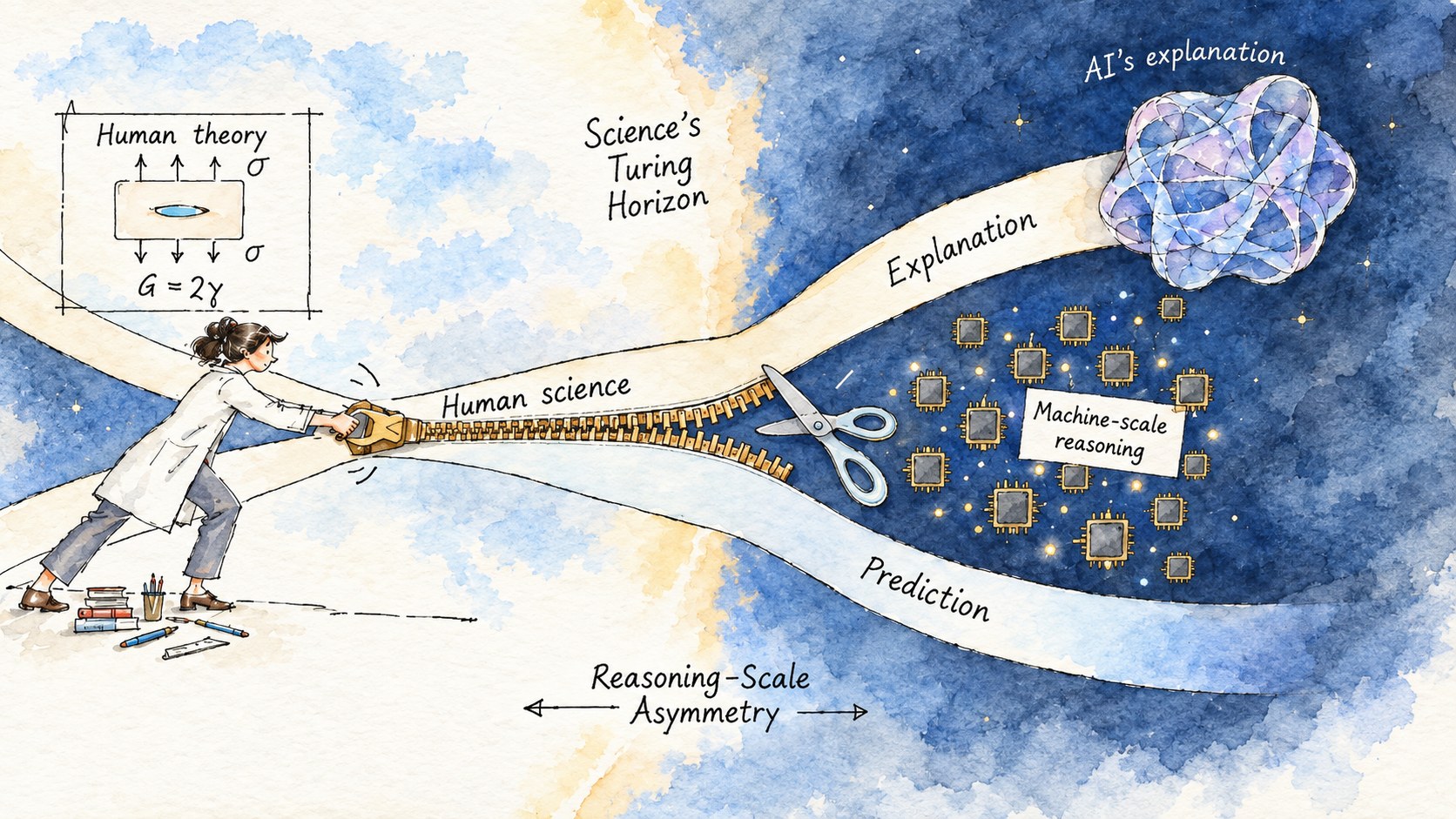 Editorial illustration of human theory zipping prediction and explanation together while machine-scale reasoning splits them beyond Science's Turing Horizon.